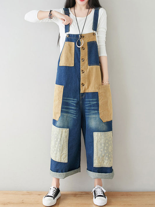 Dungarees cotton denim ripped jeans floral vintage retro style overall