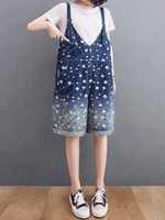 Knee-Length Floral Denim Dungaress - Deep V Bib Design
