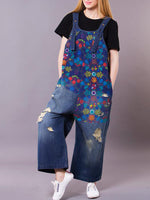 Dungarees cotton denim ripped jeans floral vintage retro style overall