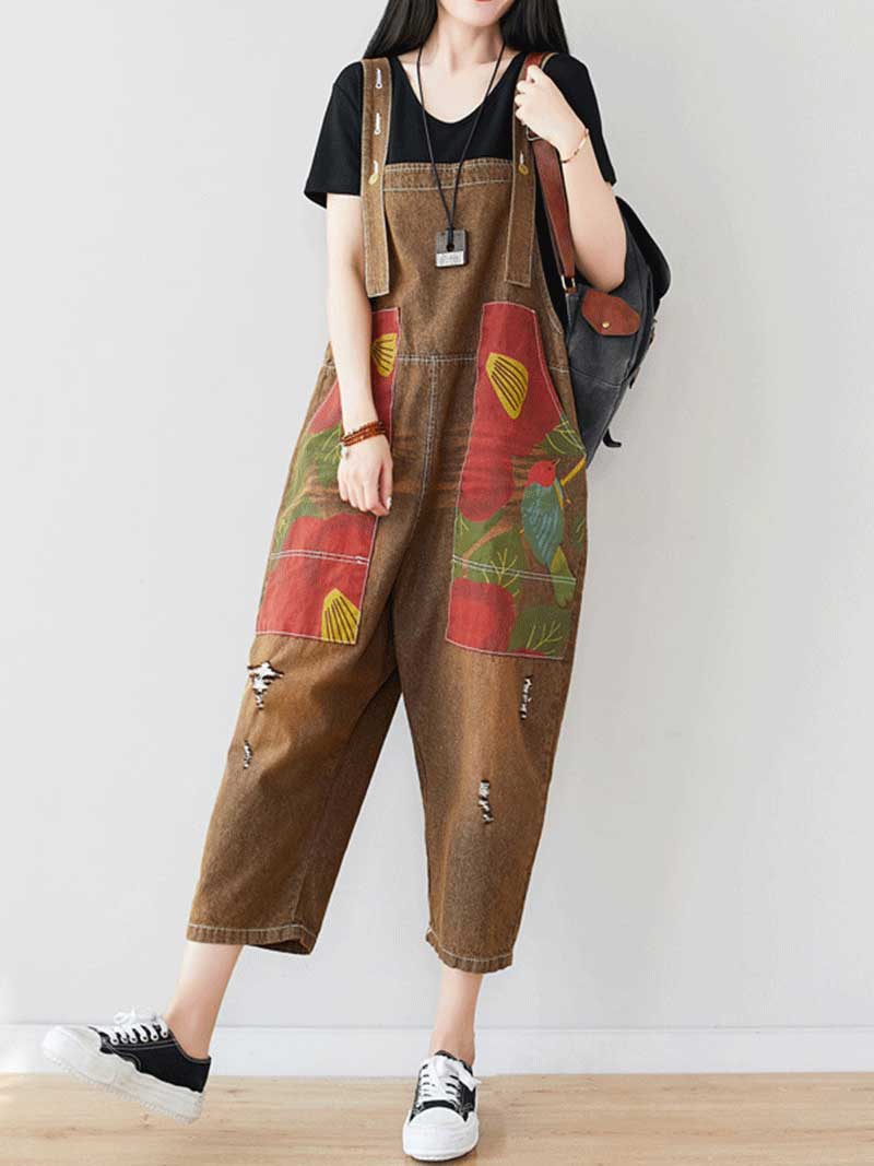 Dungarees cotton denim ripped jeans floral vintage retro style overall