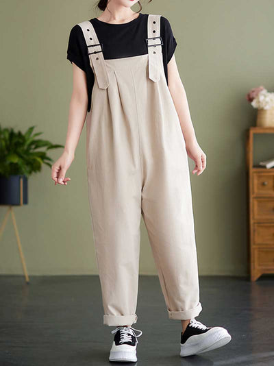 Plain Cotton Overalls High Waist Women's Dungaree