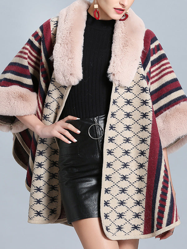Stripe Bordeus pescoço fofo de plus size Cape Cardigan