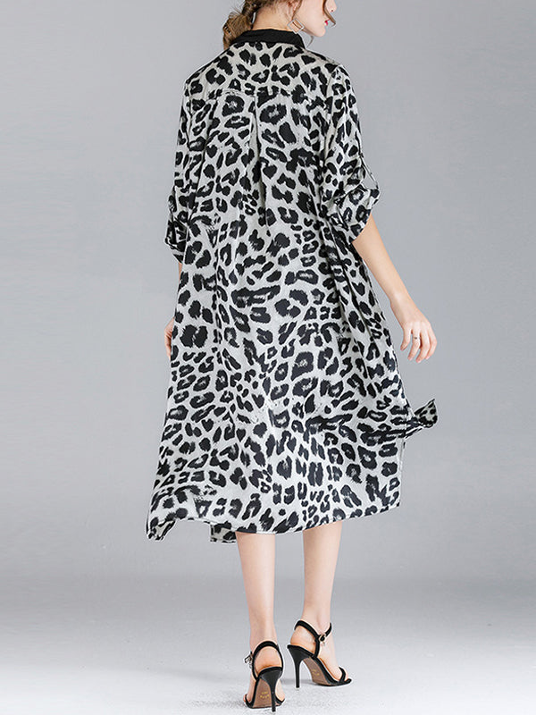 Ivy vintage contraste com lapela pescoço estampa de animal abotoado com cinto midi vestido