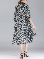 Ivy vintage contraste com lapela pescoço estampa de animal abotoado com cinto midi vestido