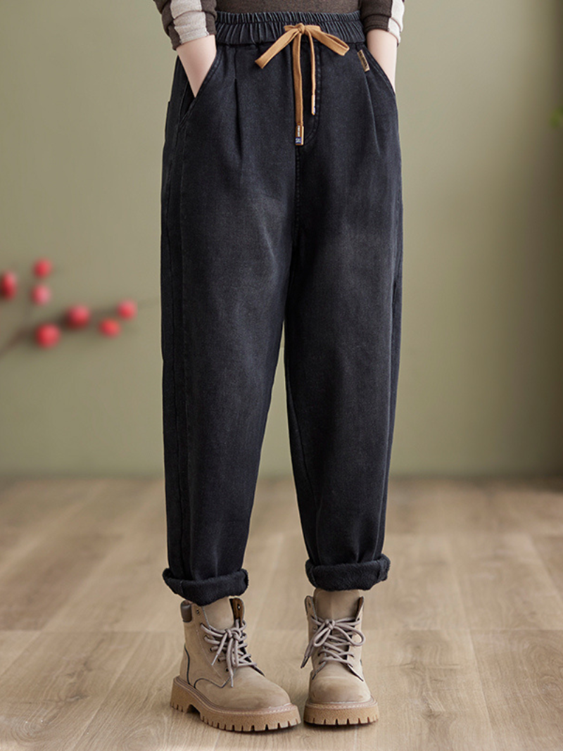 Jeans en tercio de invierno para mujeres Jeans engrosados ​​Pantalones del harén atados a la cintura