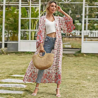 Evatrends cotton gown robe printed kimonos, Outerwear, Cotton, Nightwear, long kimono, long Sleeves, loose fitting, floral print, Belted