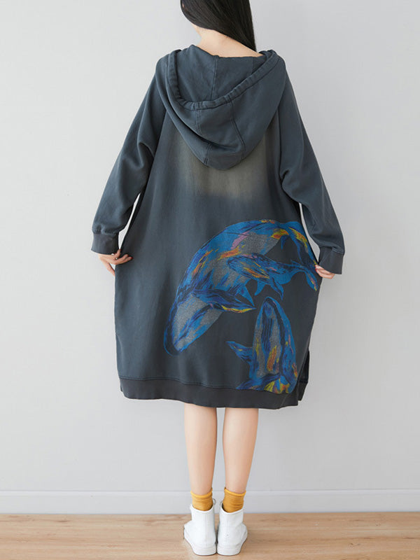 Robe sweat-shirt à capuche florale ethnique lâche