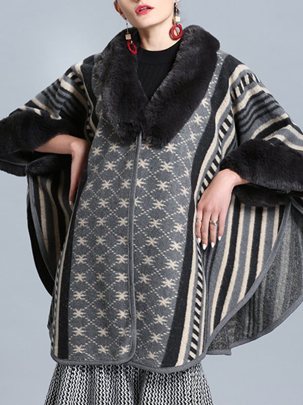 Stripe Bordeus pescoço fofo de plus size Cape Cardigan