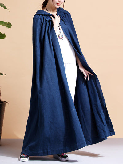 Solid Color Hooded Linen Cape Coat