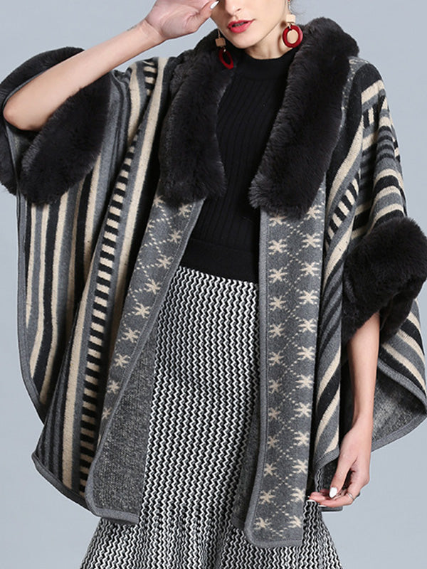 Stripe Bordeus pescoço fofo de plus size Cape Cardigan