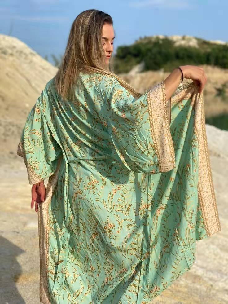 Evatrends cotton gown robe printed kimonos, Outerwear, Cotton, Viscose, Nightwear, Bordered trim, sleeves & bottom, long kimono, Kimono Broad sleeves with armpit opening, loose fitting, Bohemian Floral