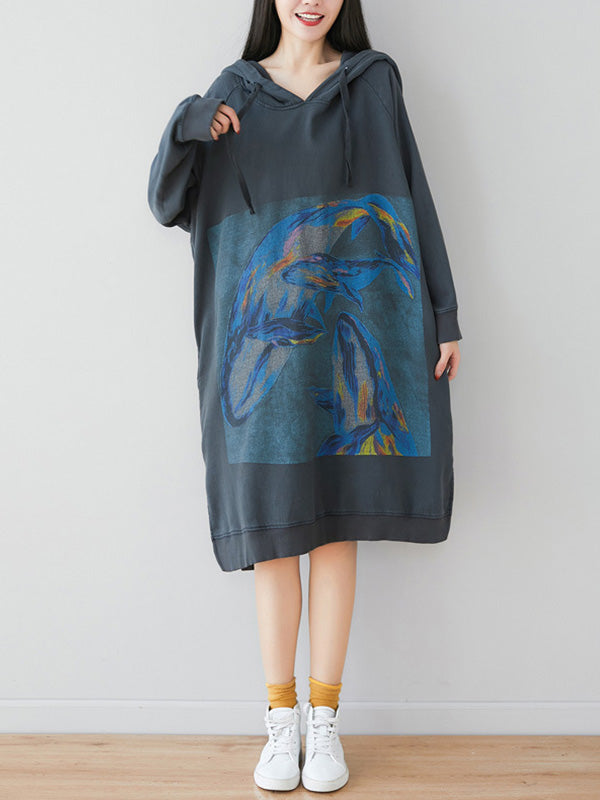 Vestido de moletom com capuz floral solto
