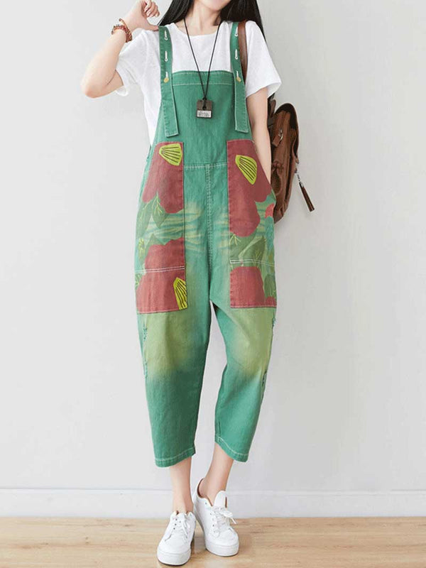 Dungarees cotton denim ripped jeans floral vintage retro style overall