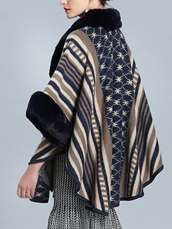 Stripe Bordeus pescoço fofo de plus size Cape Cardigan