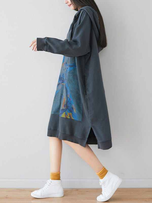 Robe sweat-shirt à capuche florale ethnique lâche