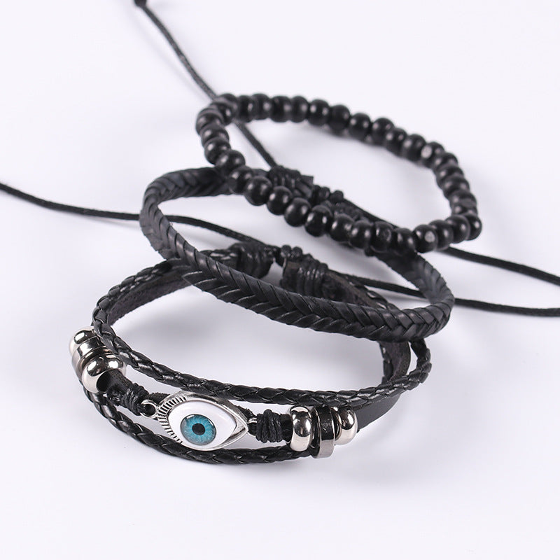 Pulseira de couro trançado pulseira de olho preto