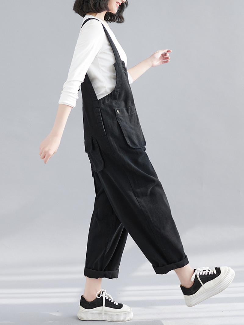 Women's Black Loose Overalls