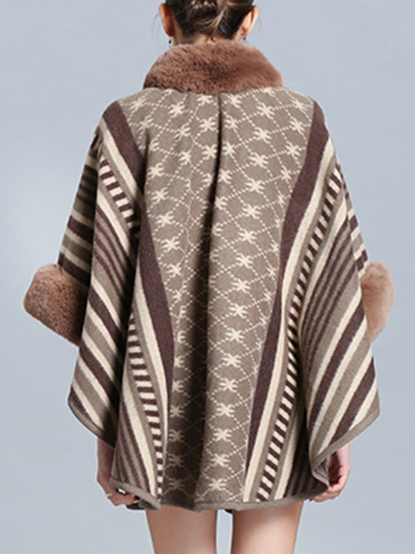 Stripe Bordeus pescoço fofo de plus size Cape Cardigan