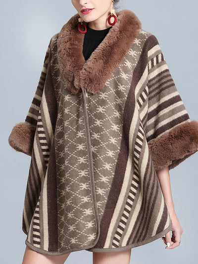 Stripe Bordeus Fluffy Neck Plus Size Cape Cardigan