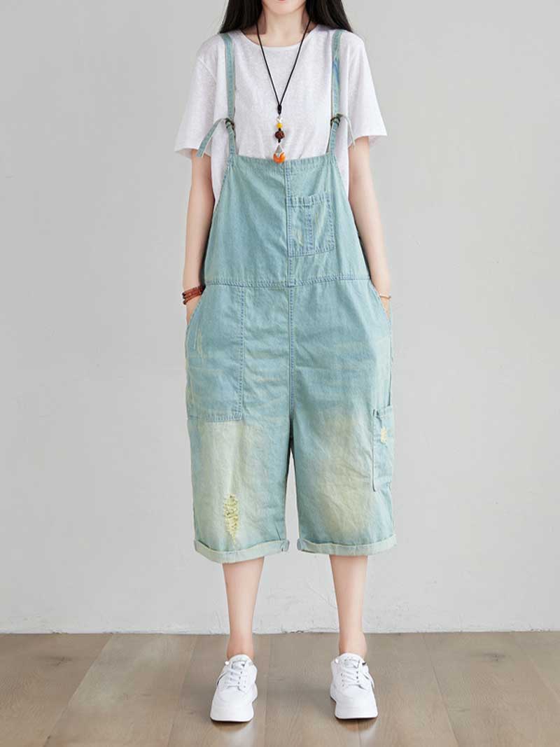 Dungarees cotton denim ripped jeans ,vintage retro style overall, Adjustable straps, Cropped pant