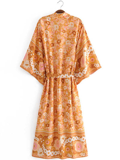 Bride to Be Floral Print Orange Color Cotton Long Gown Kimono Duster Robe