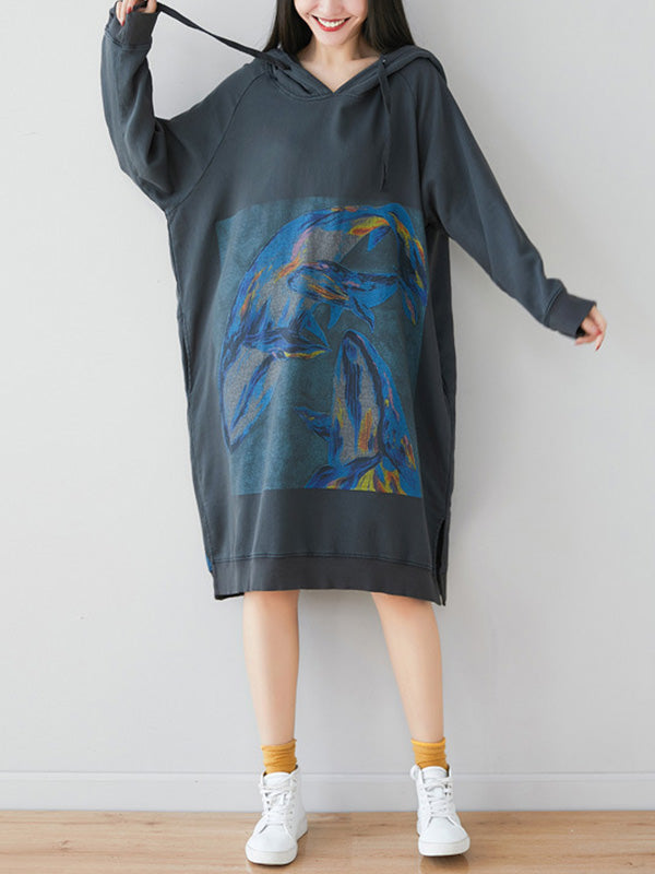 Robe sweat-shirt à capuche florale ethnique lâche