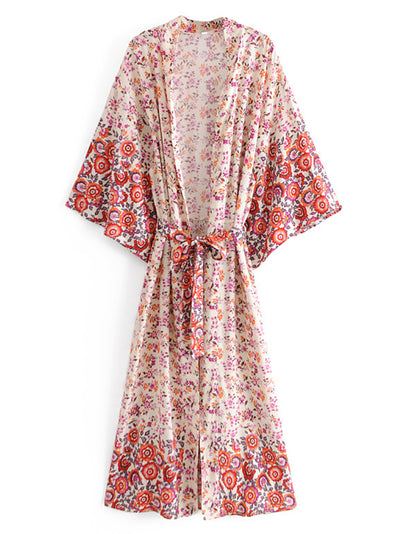 Evatrends cotton gown robe printed kimonos, Outerwear, Cotton, Nightwear, long kimono, long Sleeves, loose fitting, floral print, Belted