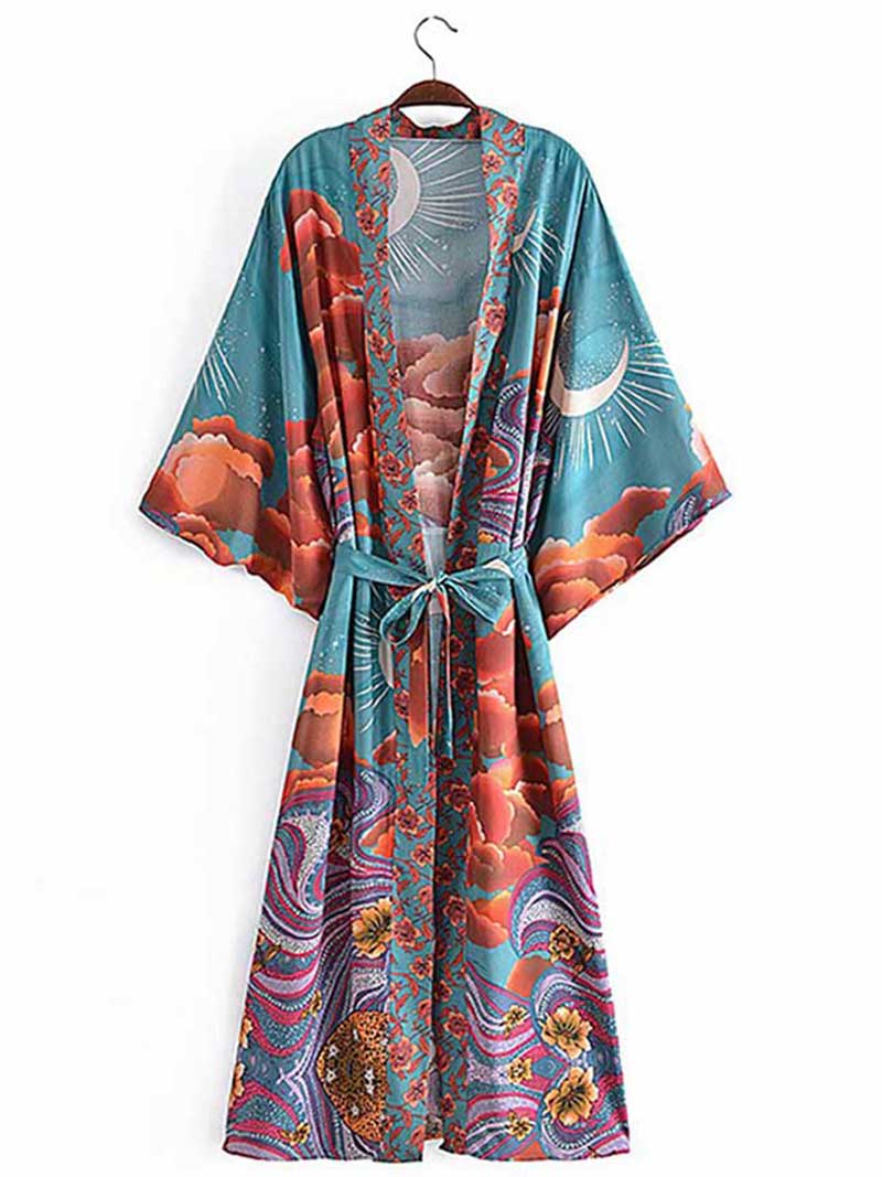 Elegant Silk Floral Moon Print Kimono