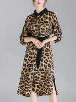 Ivy vintage contraste com lapela pescoço estampa de animal abotoado com cinto midi vestido