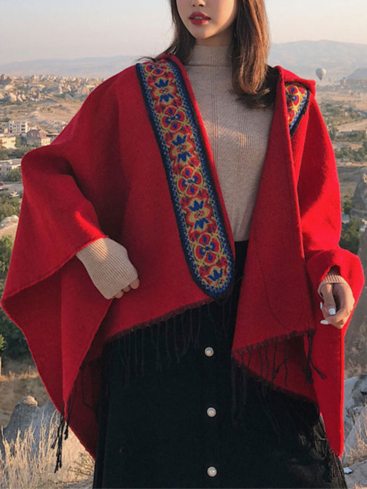 Cardigã de xale vermelho de emenda com encapuzado