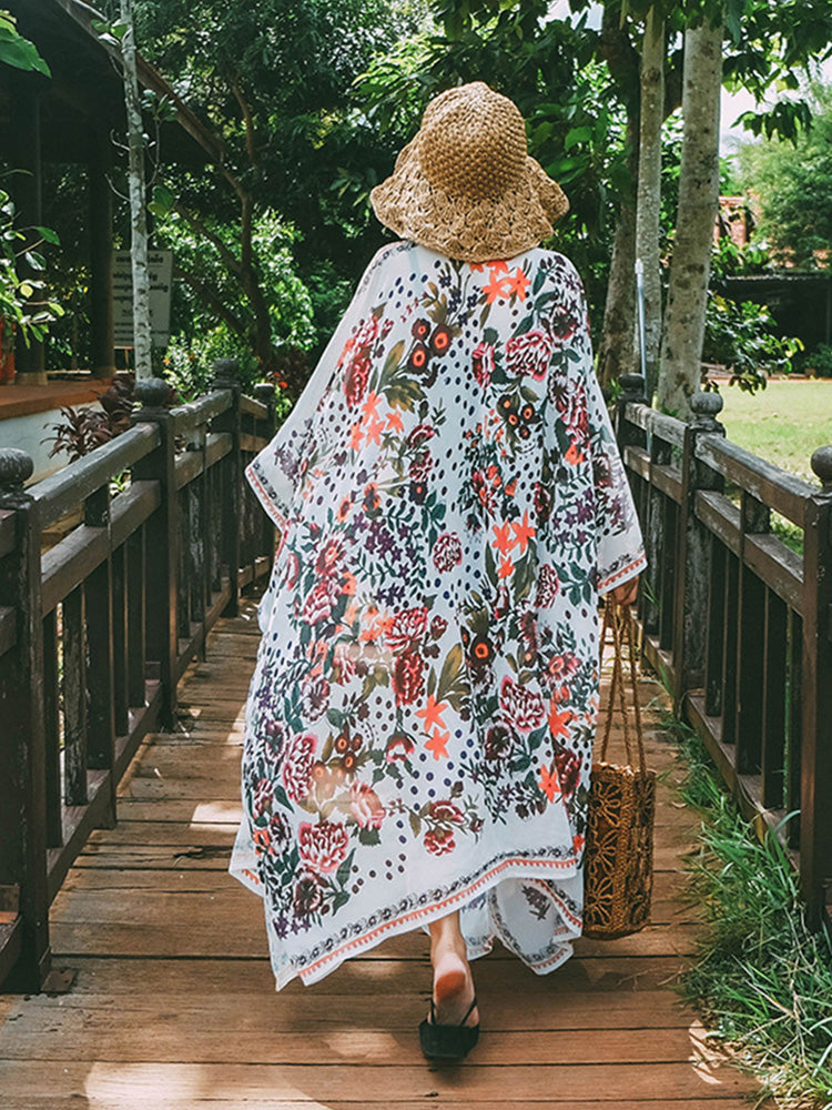 Evatrends cotton gown robe printed kimonos, Outerwear, Chiffon, Nightwear, long kimono, Bat Sleeves, loose fitting, Floral print