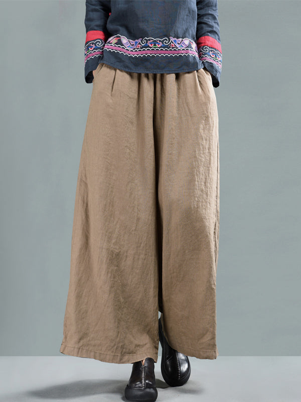 Harriett Vintage Casual-Waist Linen Wide Leg-perna com bolsos