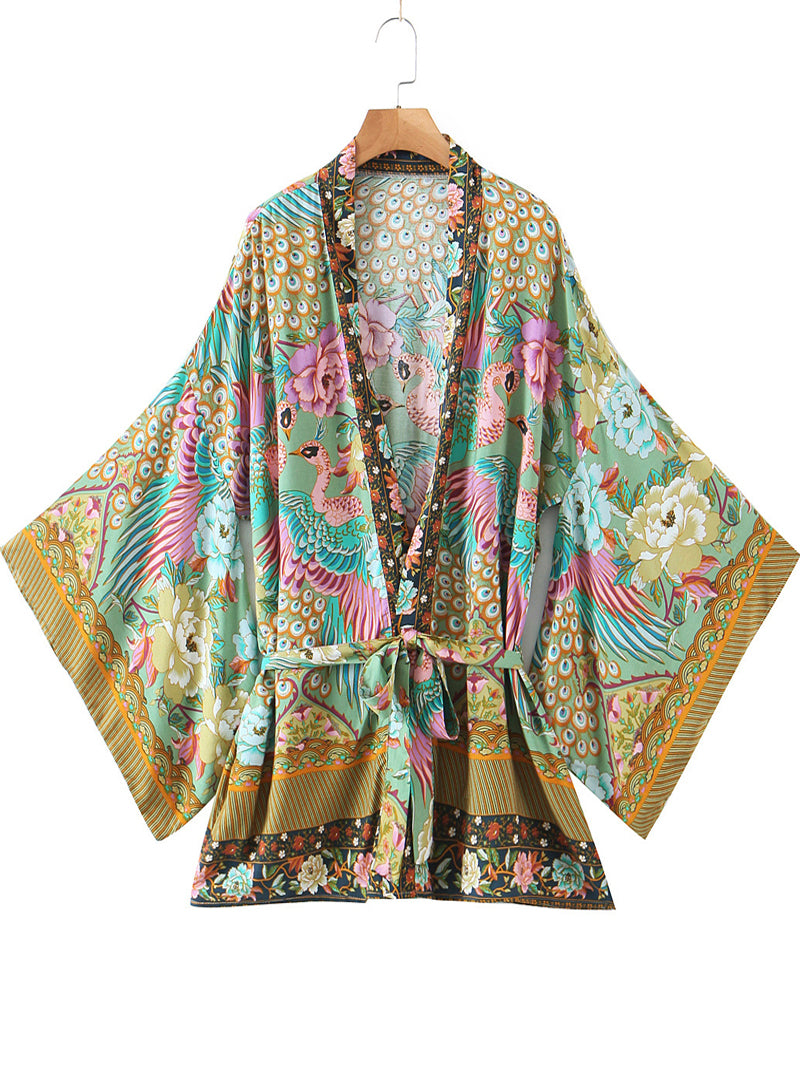 Evatrends cotton gown robe printed kimonos, Outerwear, Cotton, Nightwear, short kimono, Short sleeves, Broad Sleeves, Green color, loose fitting, Printed, Belted, Floral