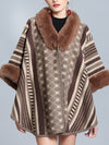 Stripe Bordeus Fluffy Neck Plus Size Cape Cardigan