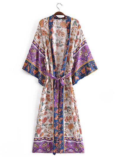 Evatrends cotton gown robe printed kimonos, Outerwear, cotton, Nightwear, long kimono, Long Sleeves, loose fitting, V collar, Floral Print, Belted