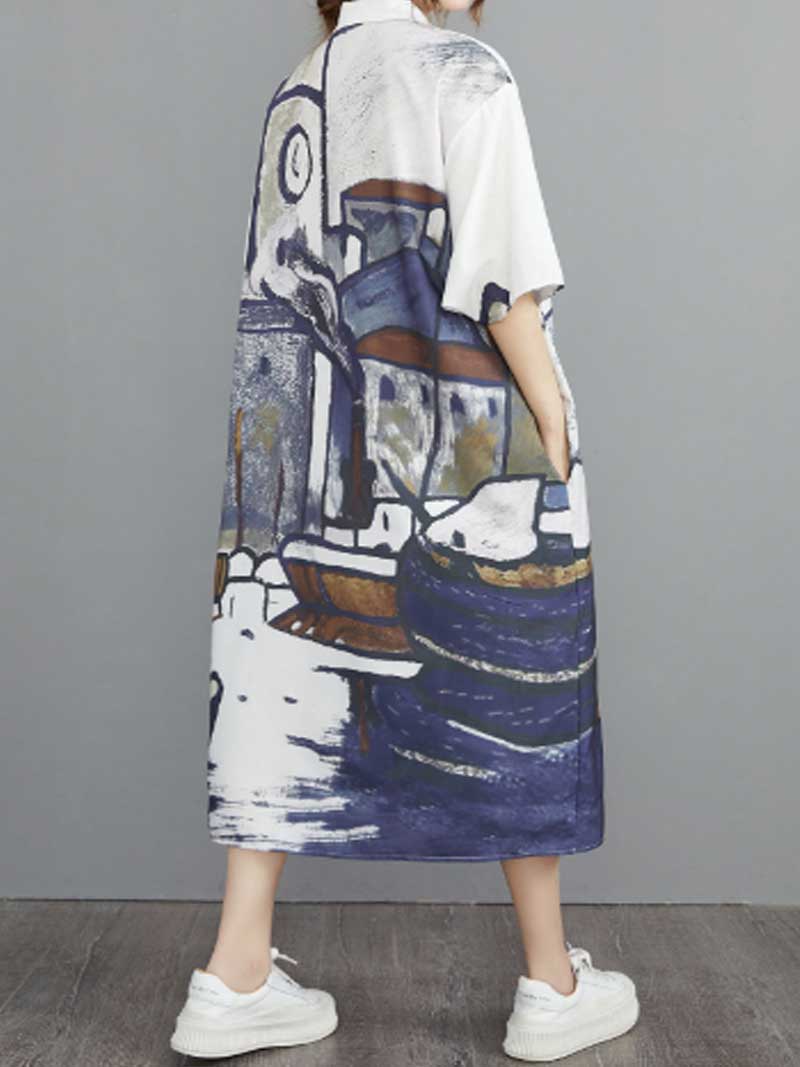  Abstract Art Print Cotton A-Line Shirt Dress