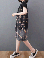 Knee-Length Floral Denim Dungaress - Deep V Bib Design