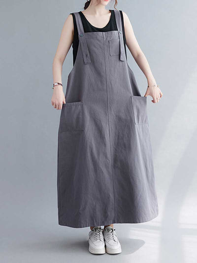 Plain Cotton Sleeveless Salopette Dress