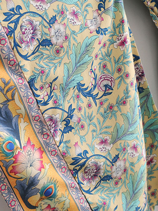 Evatrends cotton gown robe printed kimonos, Outerwear, cotton, Nightwear, long kimono, Board Sleeves, loose fitting, Floral Print with birds print, Belted