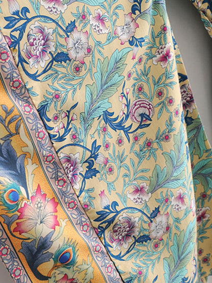 Evatrends cotton gown robe printed kimonos, Outerwear, cotton, Nightwear, long kimono, Board Sleeves, loose fitting, Floral Print with birds print, Belted