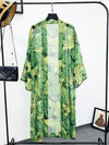 Evatrends cotton gown robe printed kimonos, Outerwear, Polyester, Nightwear, long kimono, long Sleeves, Green, loose fitting, Leaf Print, Belted