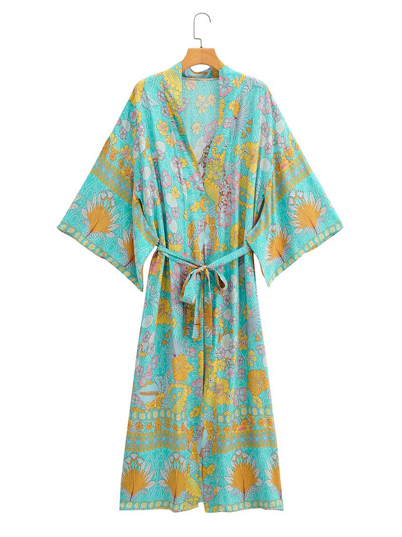 Evatrends cotton gown robe printed kimonos, Outerwear,  Nightwear, Long kimono, Board Sleeves, loose fitting, Printed, Floral , Belted