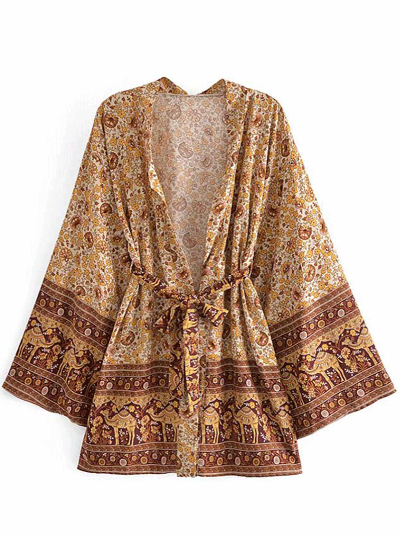 Evatrends cotton gown robe printed kimonos, Outerwear, Rayon, Nightwear, Short kimono, Broad Sleeves, Brown, loose fitting, Printed, Belted, Floral