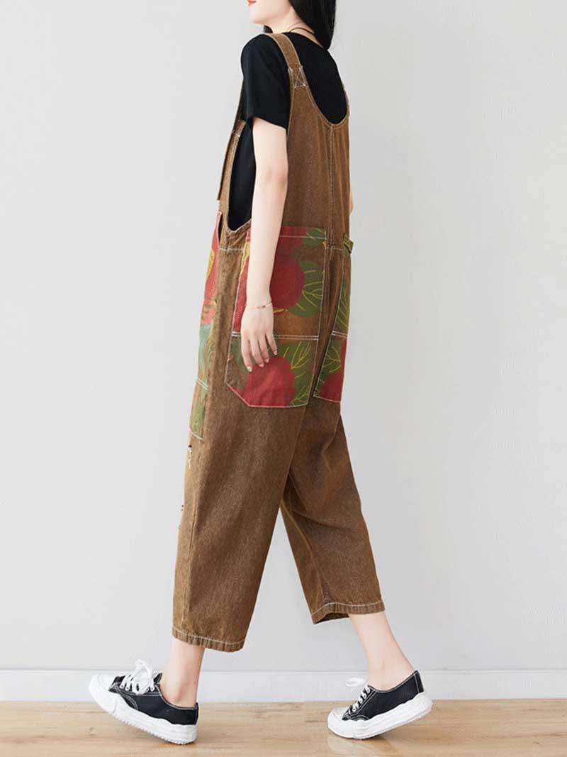 Dungarees cotton denim ripped jeans floral vintage retro style overall