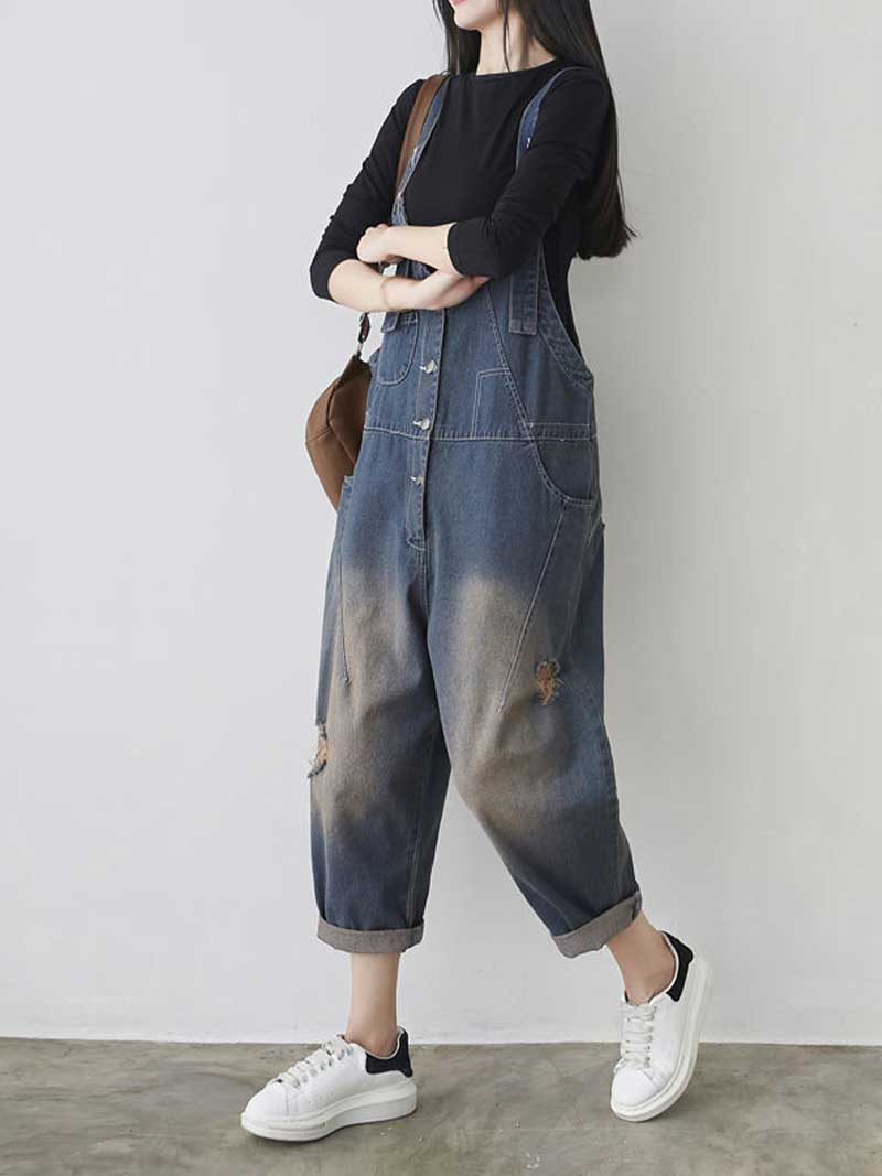 Dungarees cotton denim ripped jeans ,vintage retro style overall, Adjustable straps, Ripped