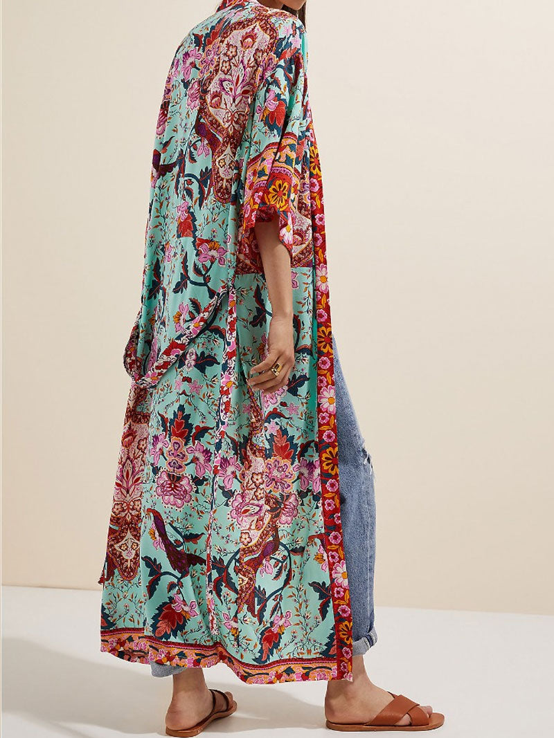 Evatrends cotton gown robe printed kimonos, Outerwear, Cotton, long sleeves, Nightwear, long kimono, Board Sleeves, Green, loose fitting, Printed, floral, belted, V-Collar