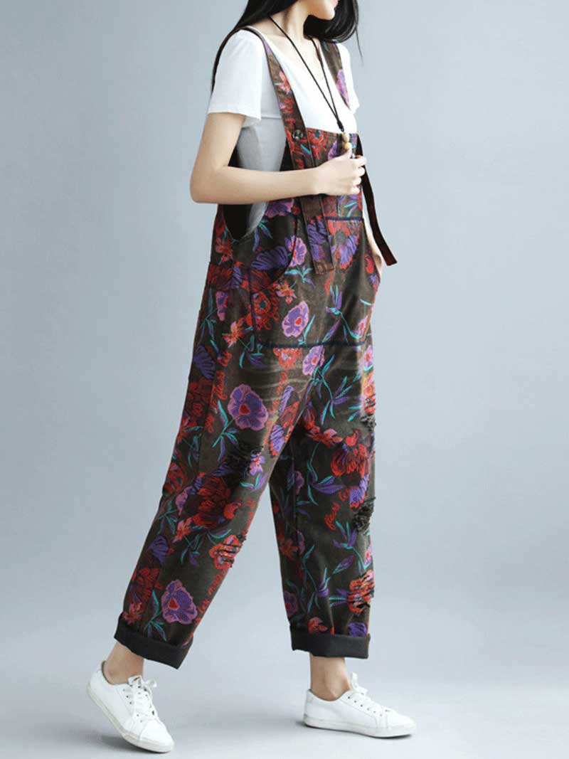 Black Floral Cotton Denim Overalls with Straight Legs