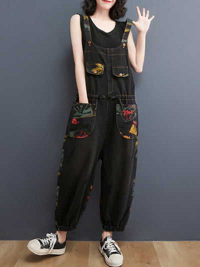 Dungarees cotton denim ripped jeans floral vintage retro style overall