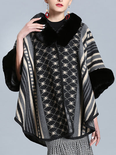 Stripe Bordeus Fluffy Neck Plus Size Cape Cardigan