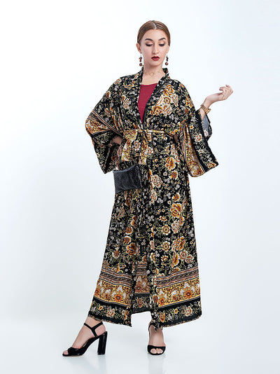 Evatrends cotton gown robe printed kimonos, Outerwear, Cotton, Nightwear, long kimono, Board Sleeves, loose fitting, Floral print